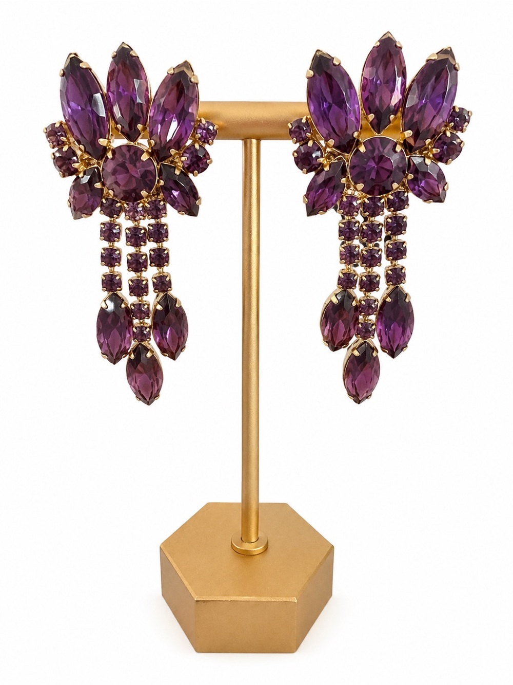 Vintage Purple Rhinestone Chandelier Clip-On Earrings Gold Tone Statement Glam